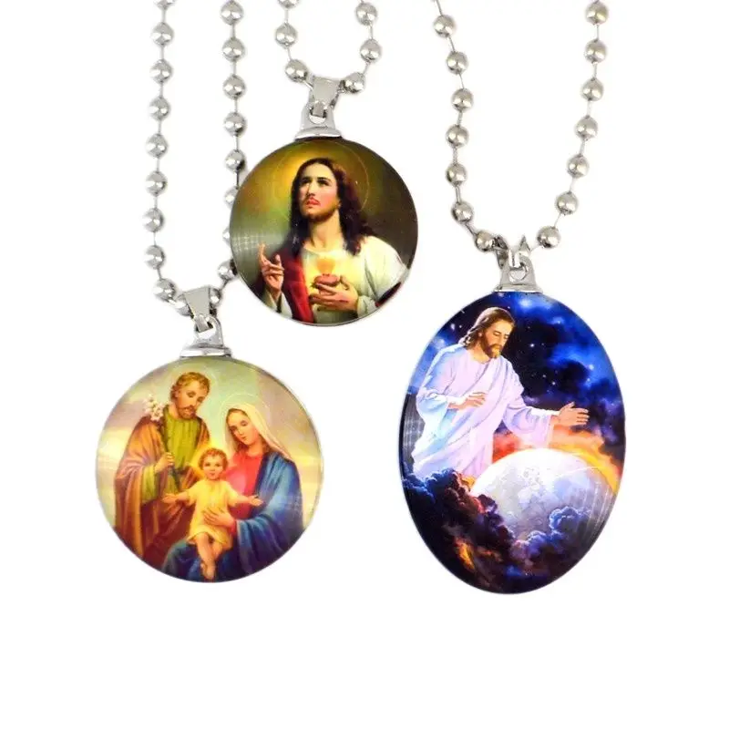 3x Jesus Virgin Holy Family Saint Image Glass Pendant Necklace With Card Catholic Christian Orthodox Fashion Religious Jewelry