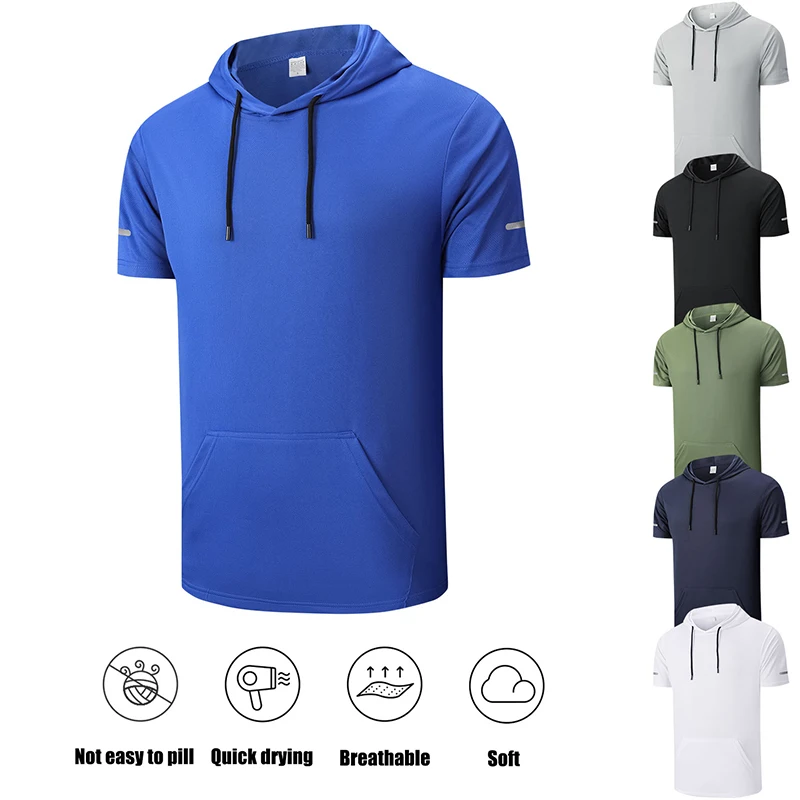 Summer Running Hooded Short Sleeves Jogging Fitness Quick-Drying Breathable Simple Sports T-Shirt Men's Pocket Wicking T-Shirt