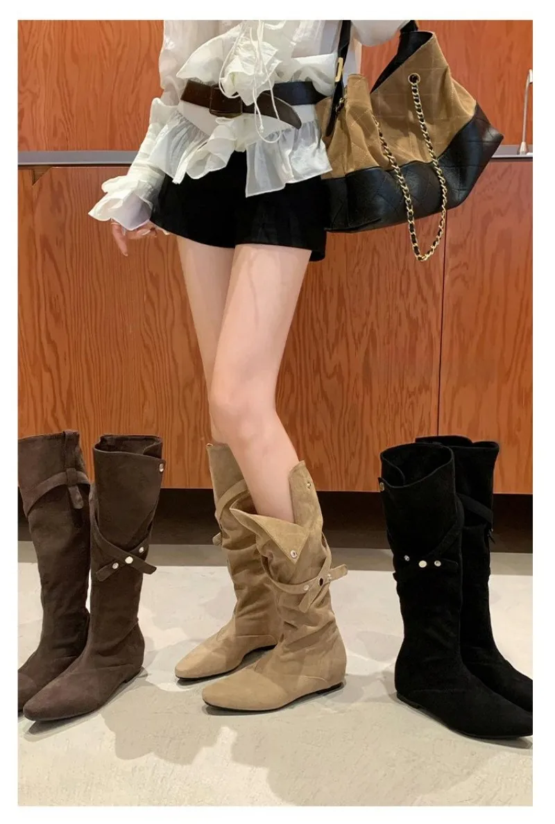 Fall women's fashionable knee-length boots, sexy pointed-toe high boots from Europe and America, women's padded high-top boots