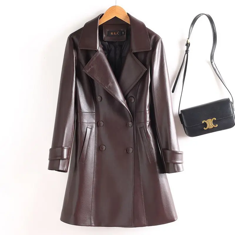 Autumn and Winter Warm Light Luxury Leather Down Jacket Women Medium Long Thickened New Slim Fit Temperament Windbreaker Coat