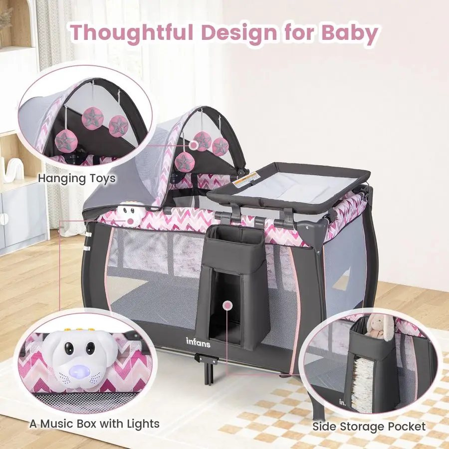 عبوة ولعب 4 في 1، لعبة أطفال محمولة للسفر مع سرير، طاولة تغيير، مظلة، ناموسية، ألعاب معلقة، صندوق تشغيل الموسيقى،