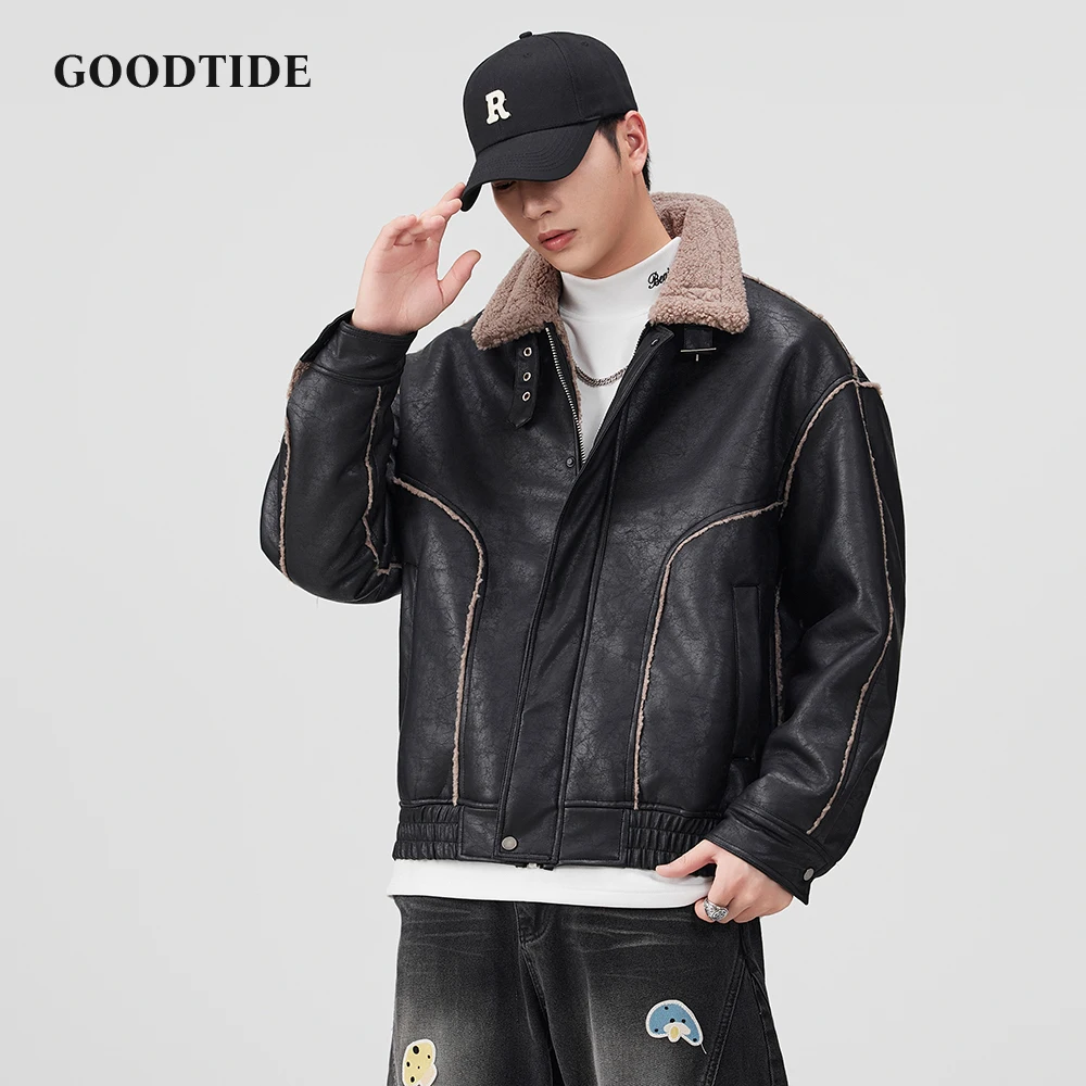 

Men's Casual Faux Leather Jacket Black with Sherpa Collar and Contrast Stitching Loose - Fit Design Warm Winter Daily Wear Top