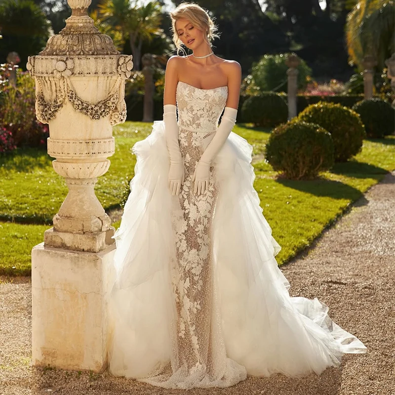 

Charming Detachable Train Wedding Dress Organza With Embroidery Bow Mermaid Ballgown Strapless Customized Bride Vestido De Novia