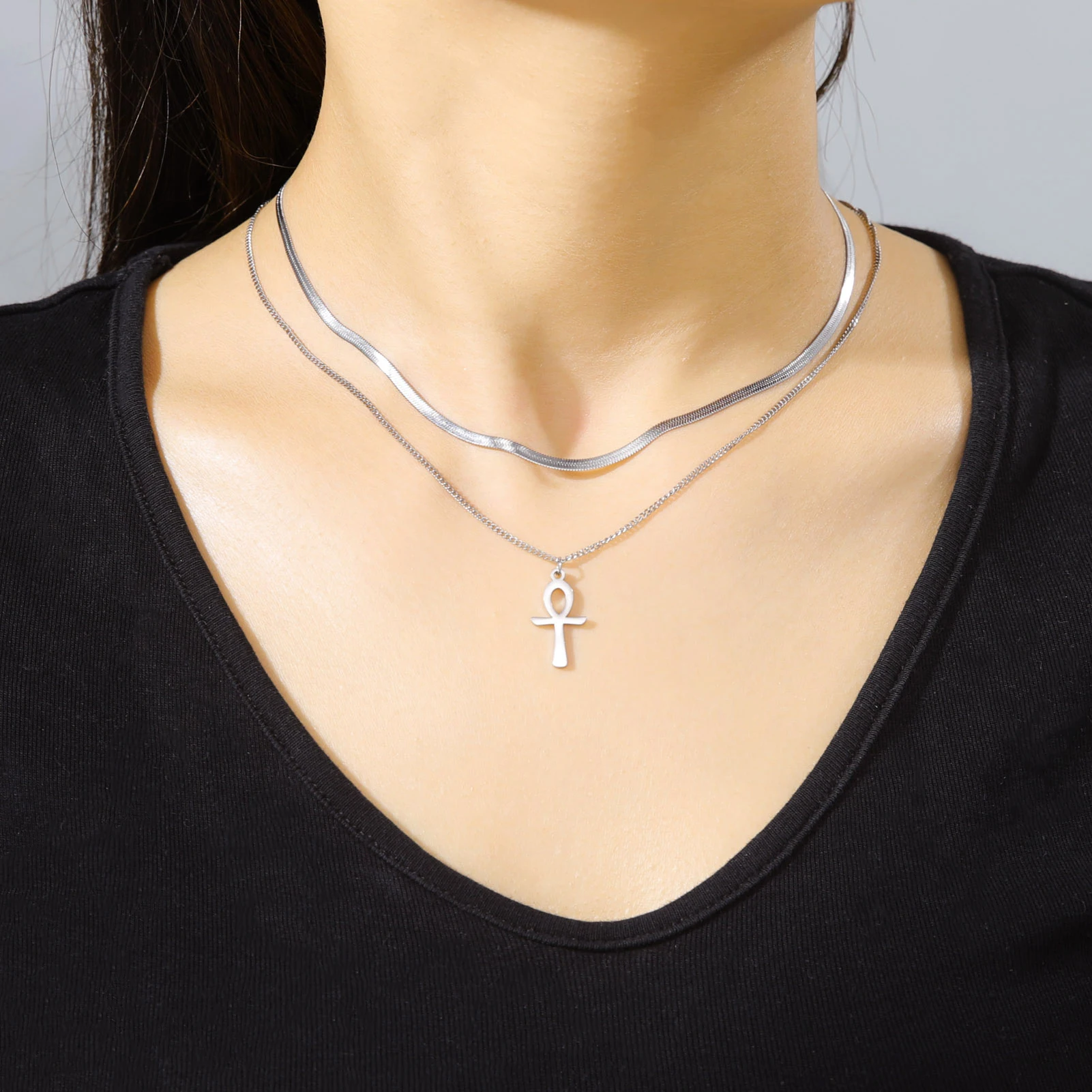 Dawapara Ankh Halskette Ägypten Koptischen Kreuz Charme Doppel Schicht Schlange Kette Edelstahl Frauen Halskette Amulett Religiöse – Detail 9