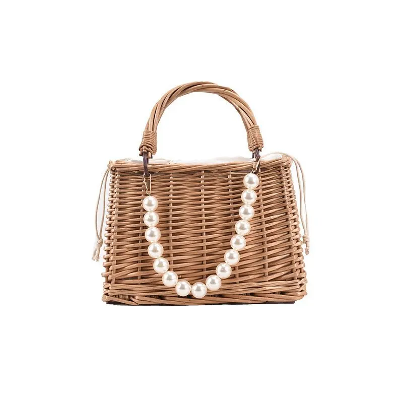 Women Straw Bags and Handbags Summer Rattan Handmade Tote Bags Ladies Ribbons Summer Beach Basket Bag Pearl Beads Travel Bag