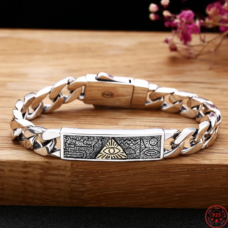 

S925 Sterling Silver Bracelets for Women Men New Fashion God's Eye Pattern 9mm Tank-chain Ancient Punk Jewelry Wholesale