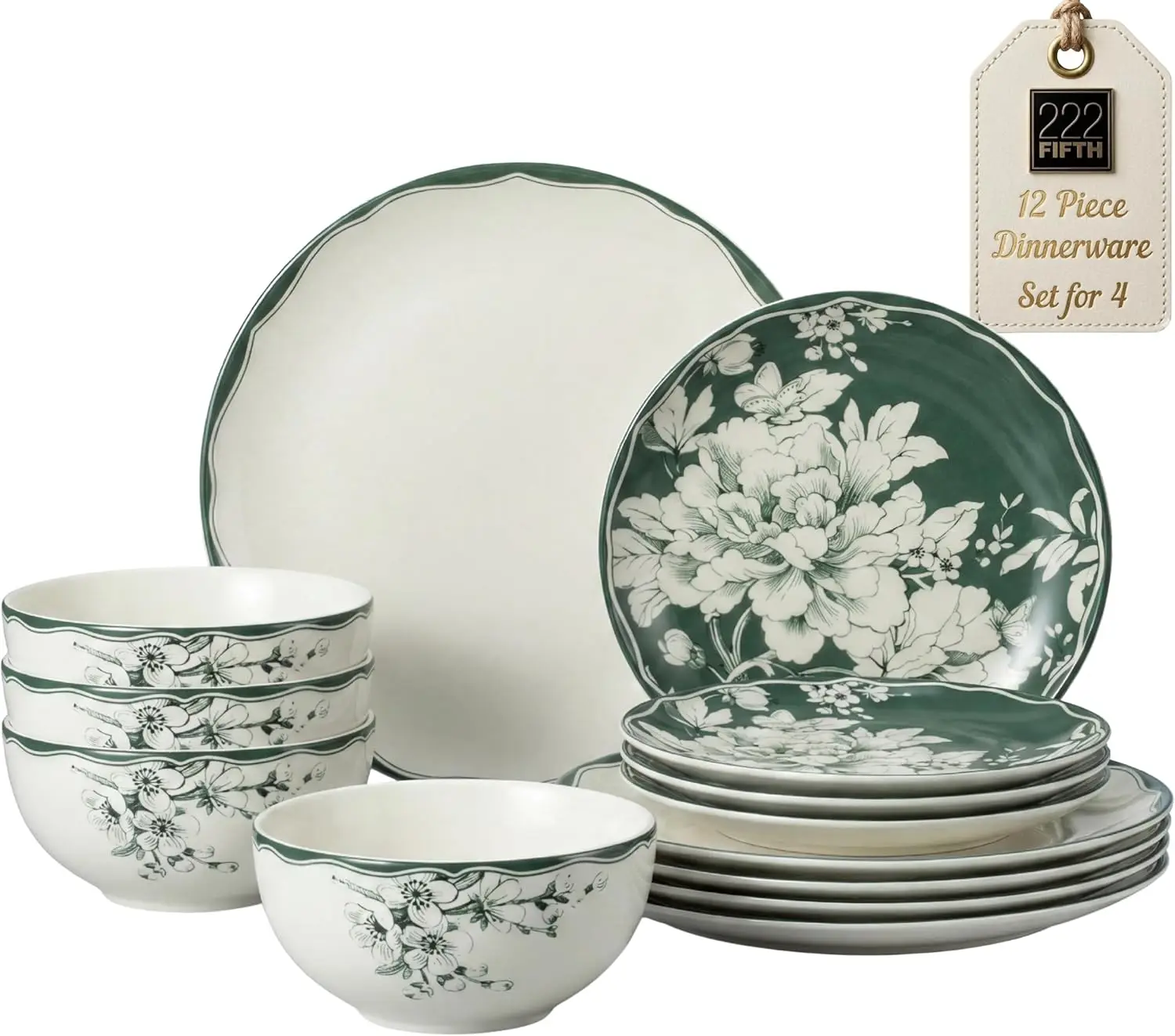 12-Piece Porcelain Dinnerware Set, Service for 4, Glossy Ceramic Plates and Bowls in White & Sage Green, Detailed Floral Design, Microwave & Dishwasher Safe Dining Dishes