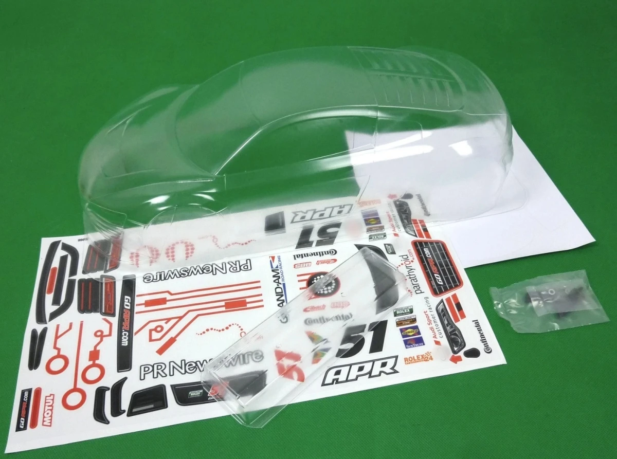 

TC098 1/10 Aodi R8 Clear RC Body shell (200mm Width) with APR 51 stickers for Tamiya Chassis tt01/tt02 Hsp Mst Kyosho