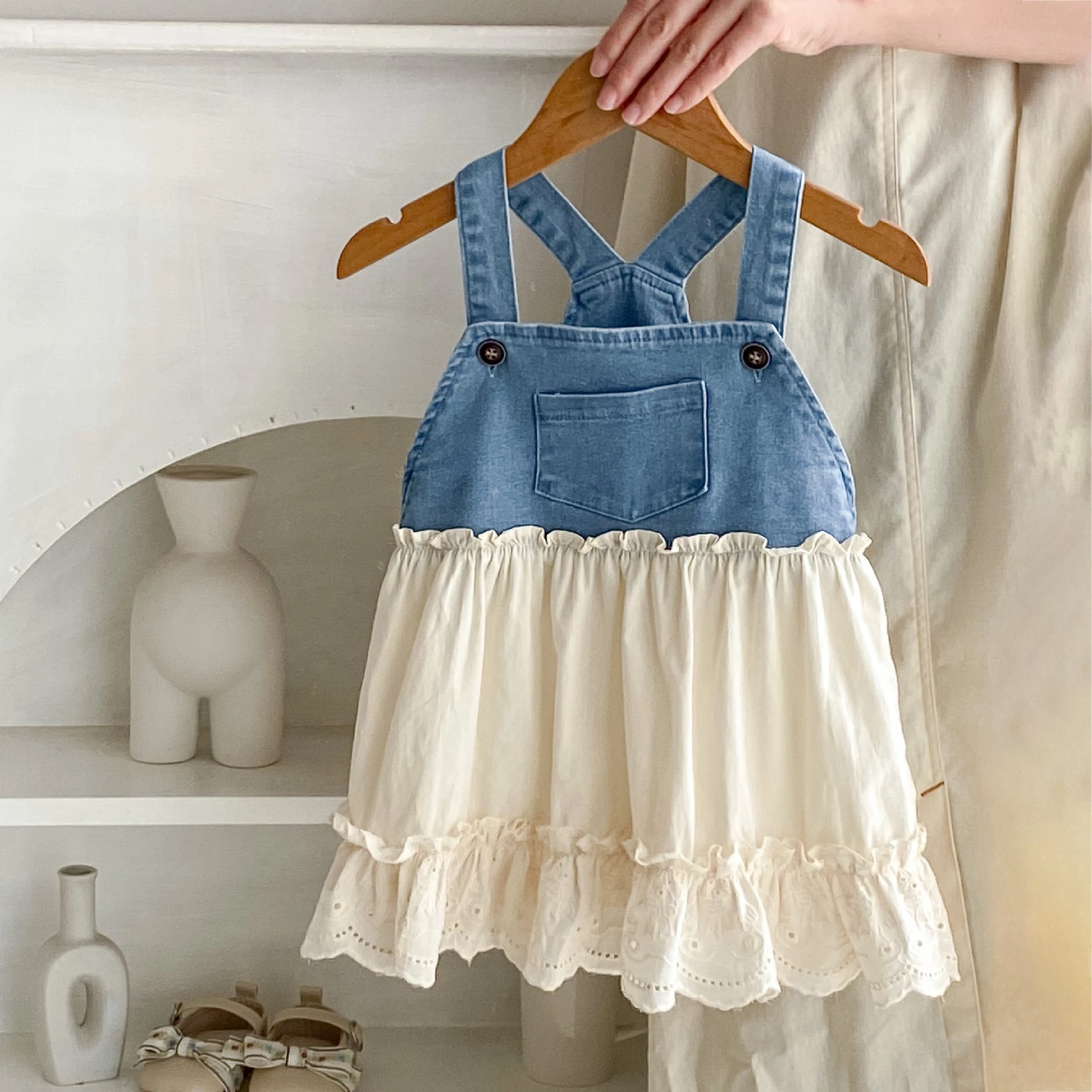 

Summer Girls' Dress Fashion Denim Splicing Lace A-line Birthday Princess Dresses Korean Children's Slip Dresses 0-4Years Old