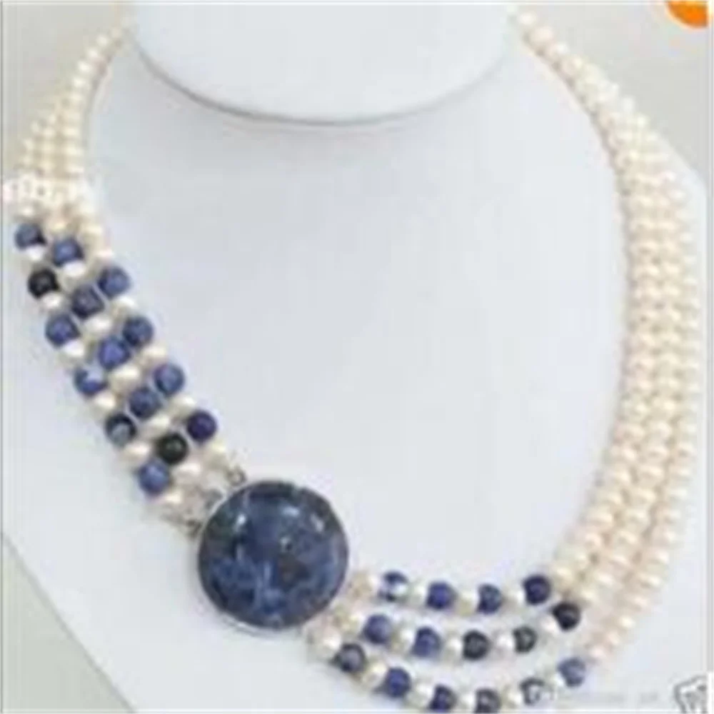 3 Rows Natural 7-8mm White Cultivation Pearl & Lapis lazuli Round Beads Necklace