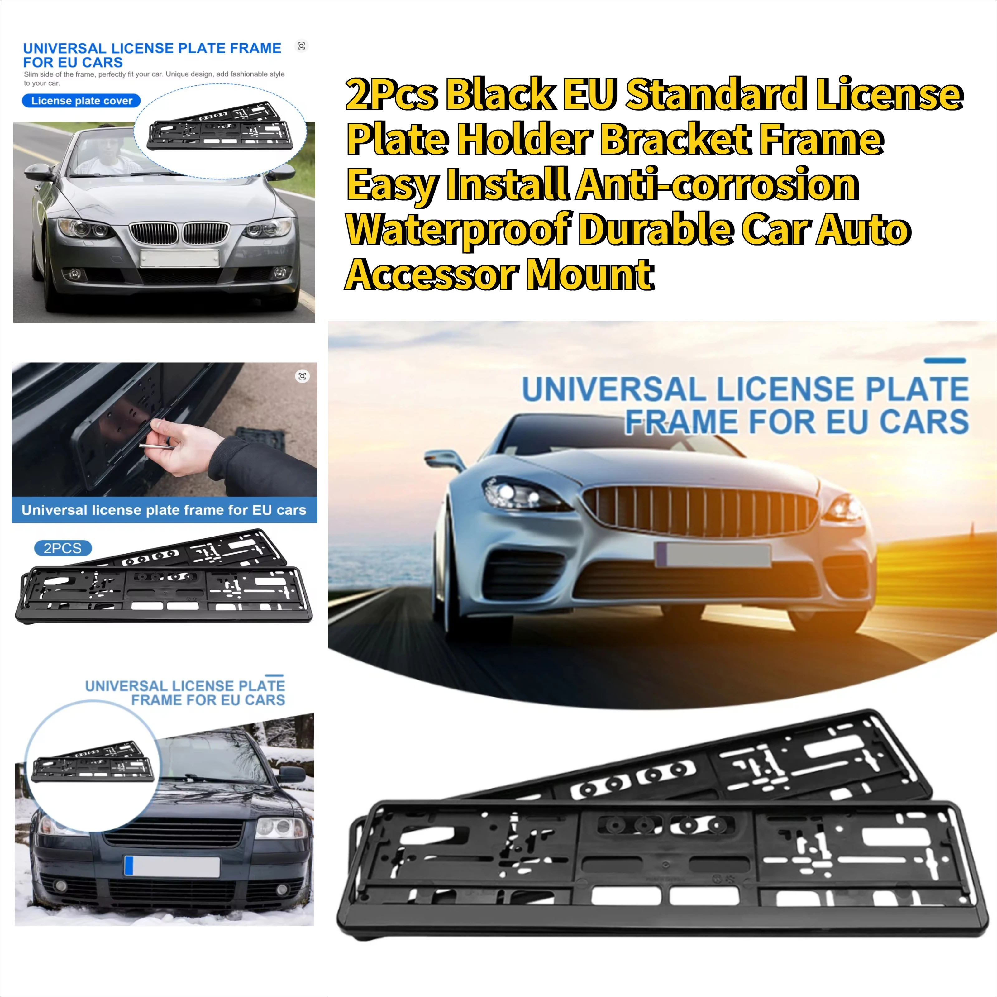 

2pcs EU Standard License Plate Holder Bracket Frame Auto Accessory Waterproof Anti-corrosion Holder with Mounting License Plate