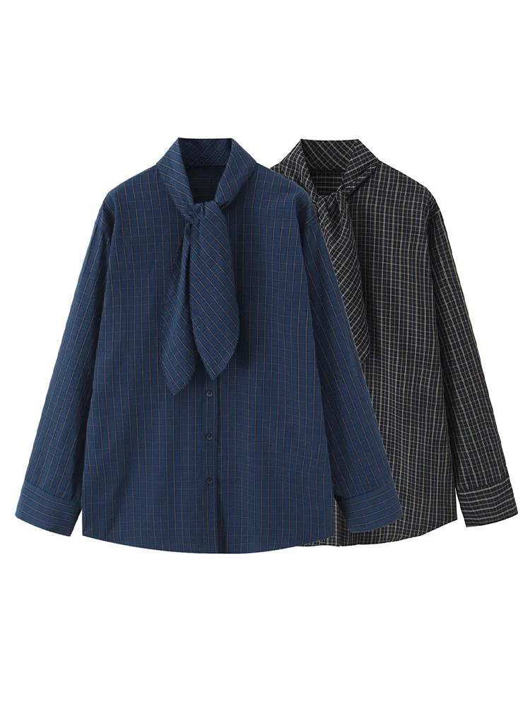 

HH Woman Autumn Fashion Versatile Scarf Collar Plaid Pattern Long Sleeves Single Breasted Shirt Female Casual Street Style Tops