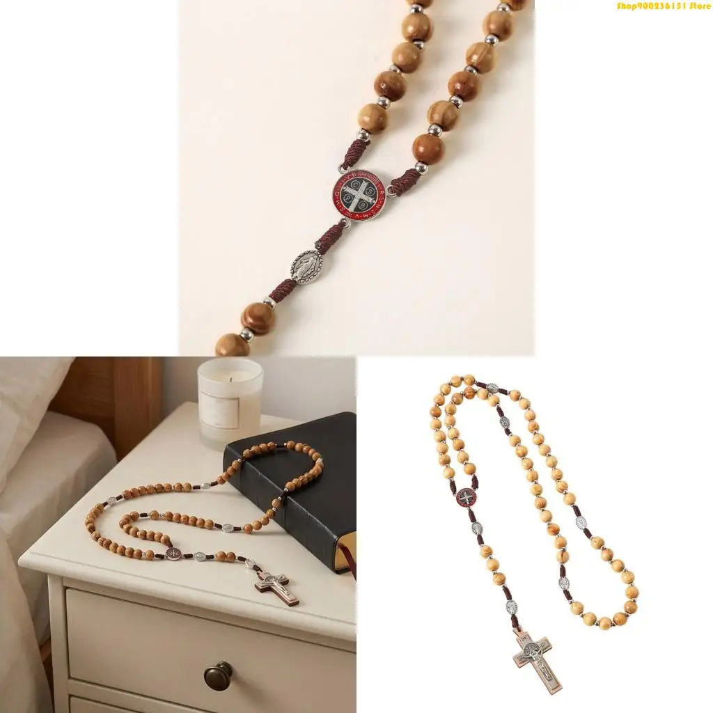 G92C Christian Metal Crosses Pendant Beads Chain Rosary Necklace Spiritual Jewelry Religious Gift for Catholic Believers
