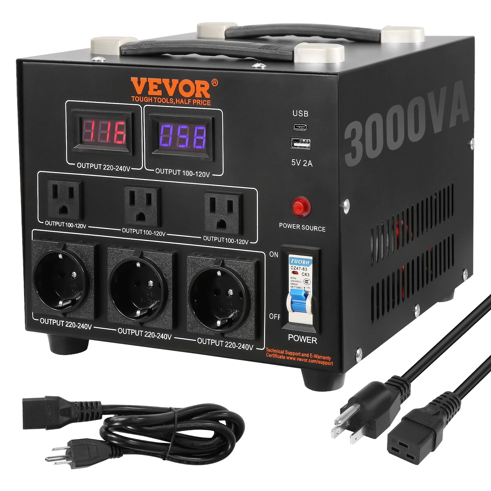 VEVOR Power Converter 3000W Durable Step Up/Down Unit Switches  Includes US and EU Outlets plus 5V USB, CE Approved