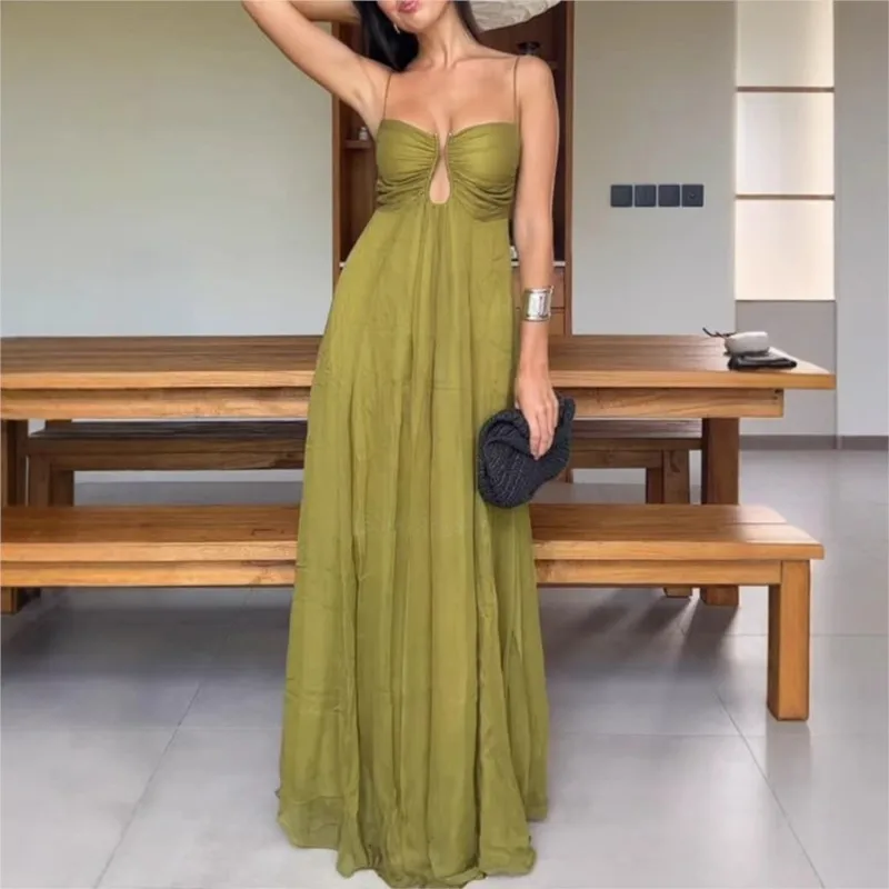 

Elegant Spaghetti Strape Holiday Party Dress Women Summer Sleeveless Hollow Out Casual Maxi Dresses Sexy Backless Dress 2025