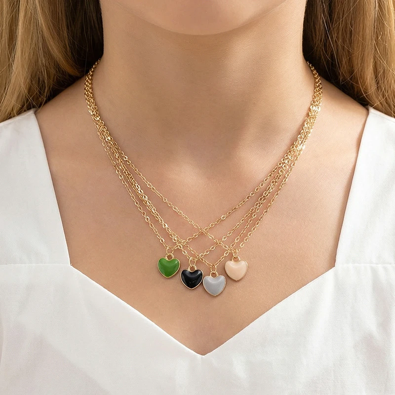 4pcs/set Ins-Chic Enamel Heart Pendant – Dainty Fresh Collarbone Necklace for Everyday Style.