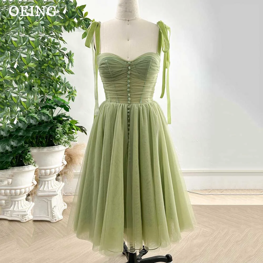 

OEING Pastrol A Line Prom Dresses Fairy Green Tea Length Sweetheart Collar Evening Dress Simple Pleats Lace Up Back Party Gowns