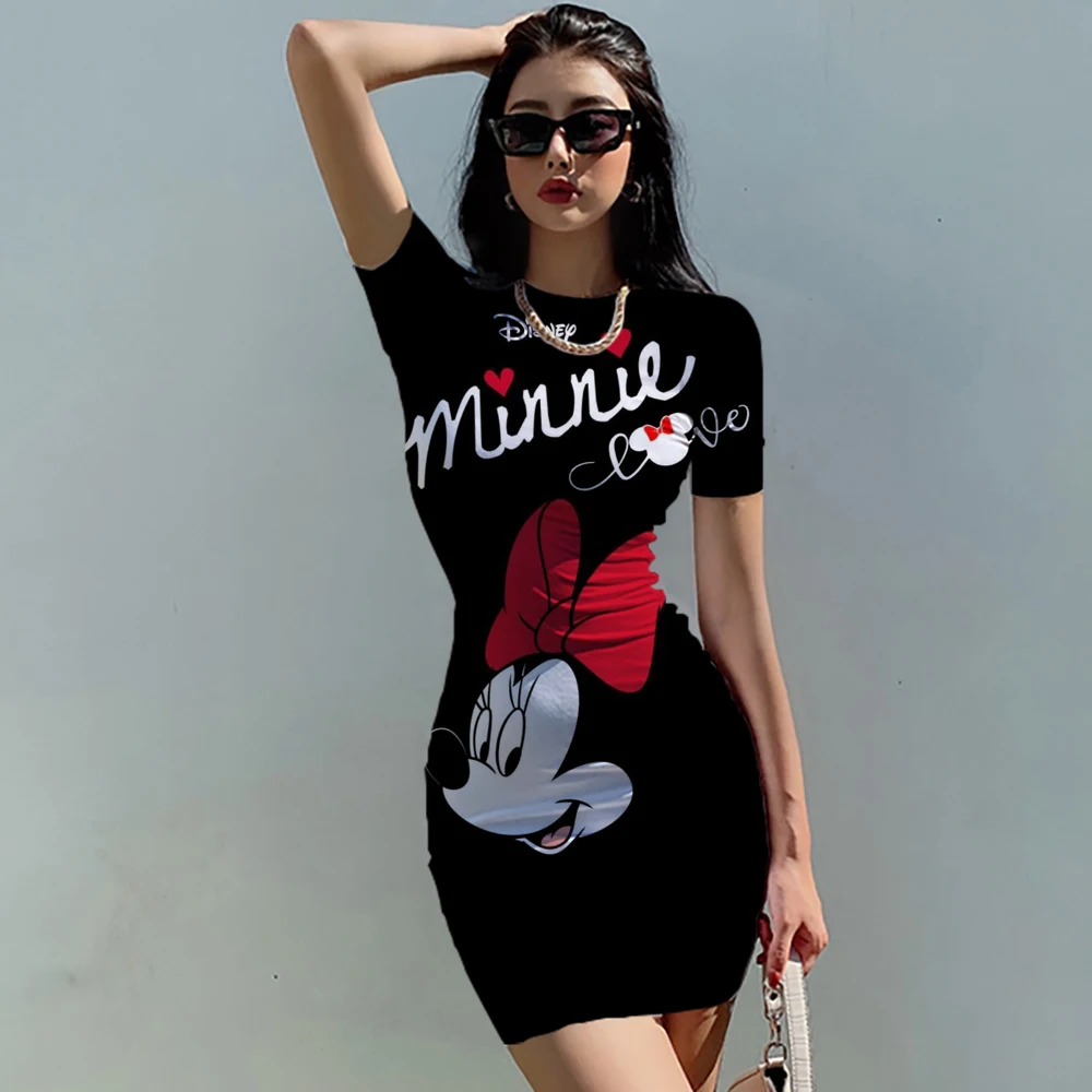 Elegant Dress Disney Mickey Mouse Woman Dresses Office Long Sleeved Slim fit Mini Skirt Women's Round Neck Pleated Party Pleated