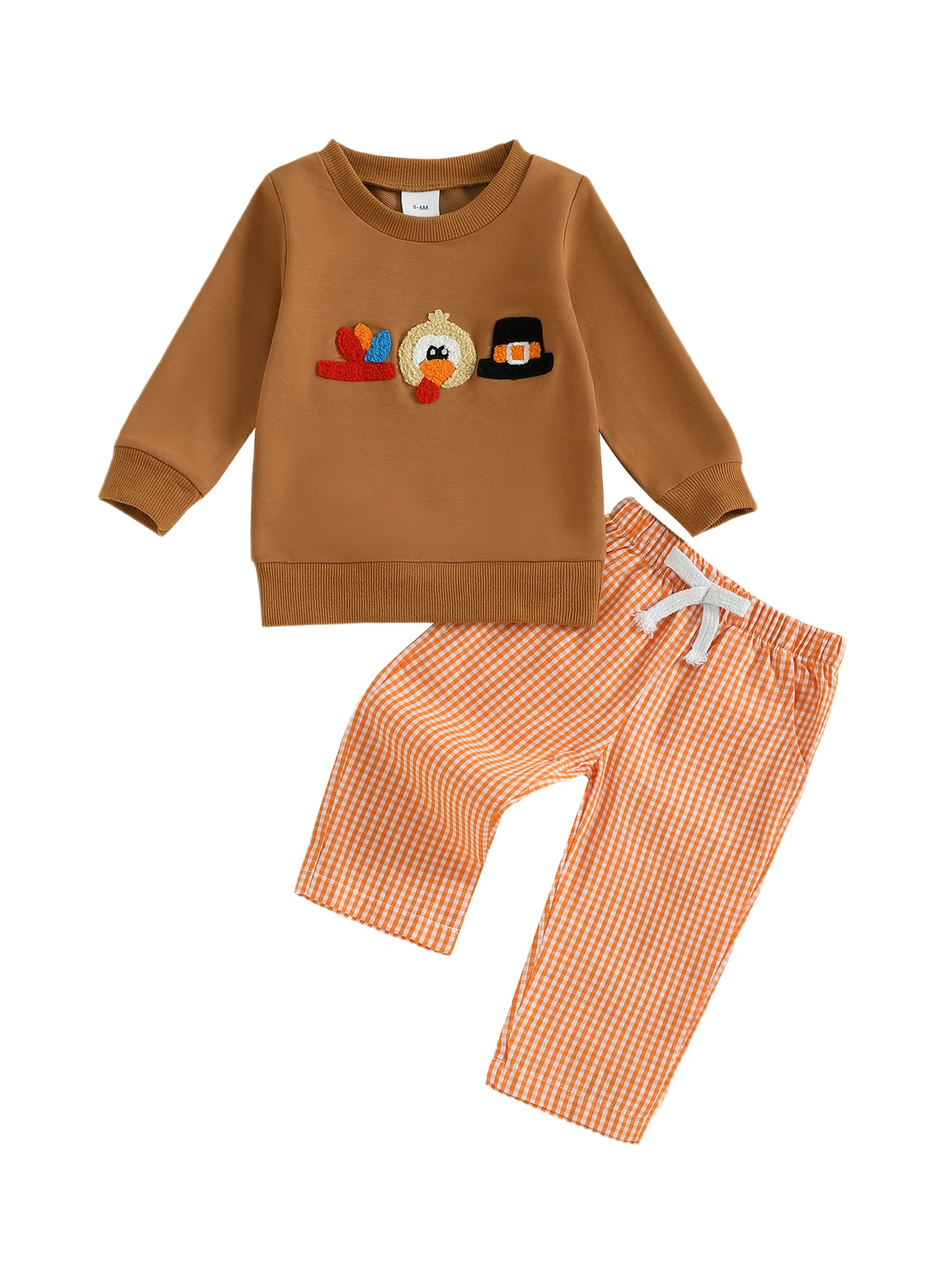 

Boys Thanksgiving 2Pcs Outfits Long Sleeve Crew Neck Turkey Embroidery Tops Elastic Waistband Pants Sets with Pockets