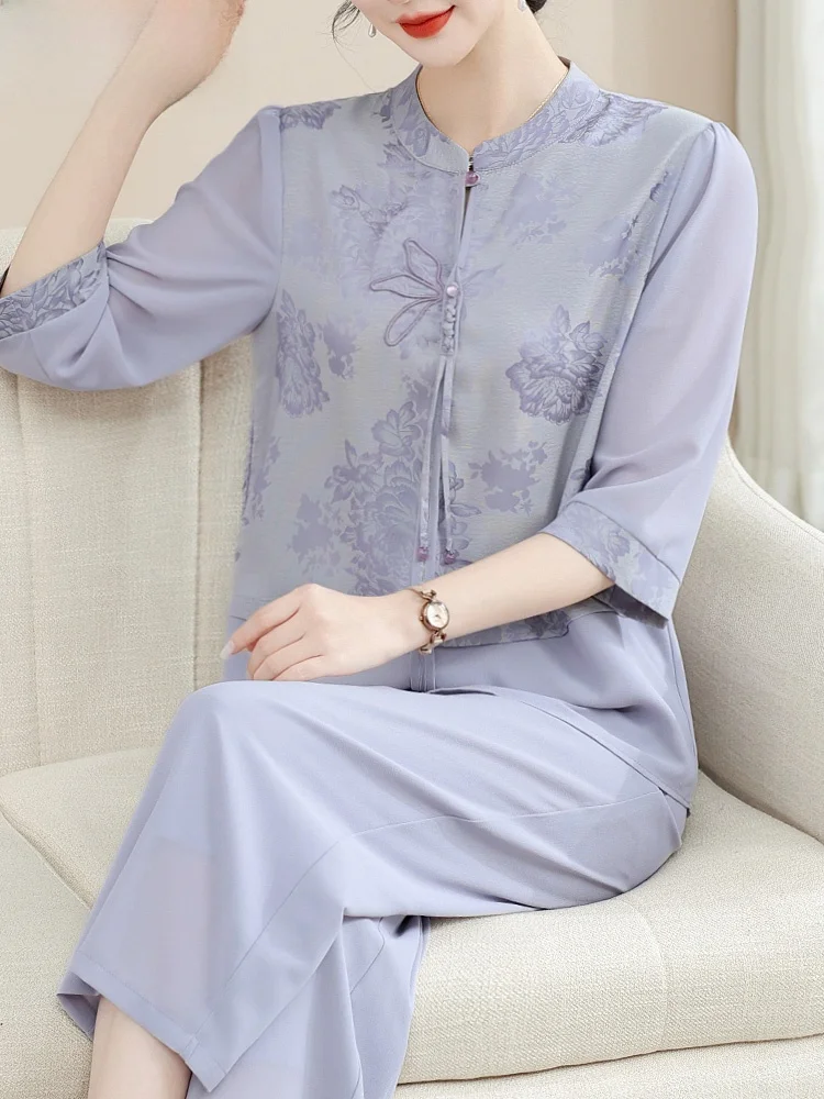 new-chinese-sle-summer-outfit-set-for-mom-floral-embroidery-chiffon-top-women's-faionable-and-ele-small-irt-top