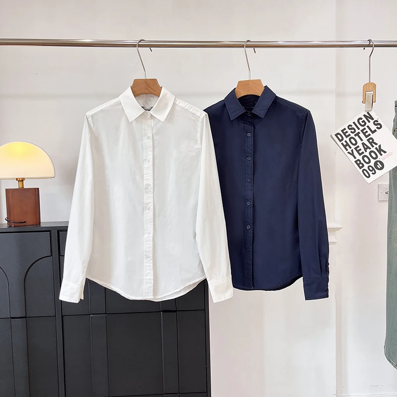 

Весенняя новинка: женская повседневная рубашка с длинным рукавом из чистого хлопка, классический воротник, однотонная, дышащая, комфортная посадка