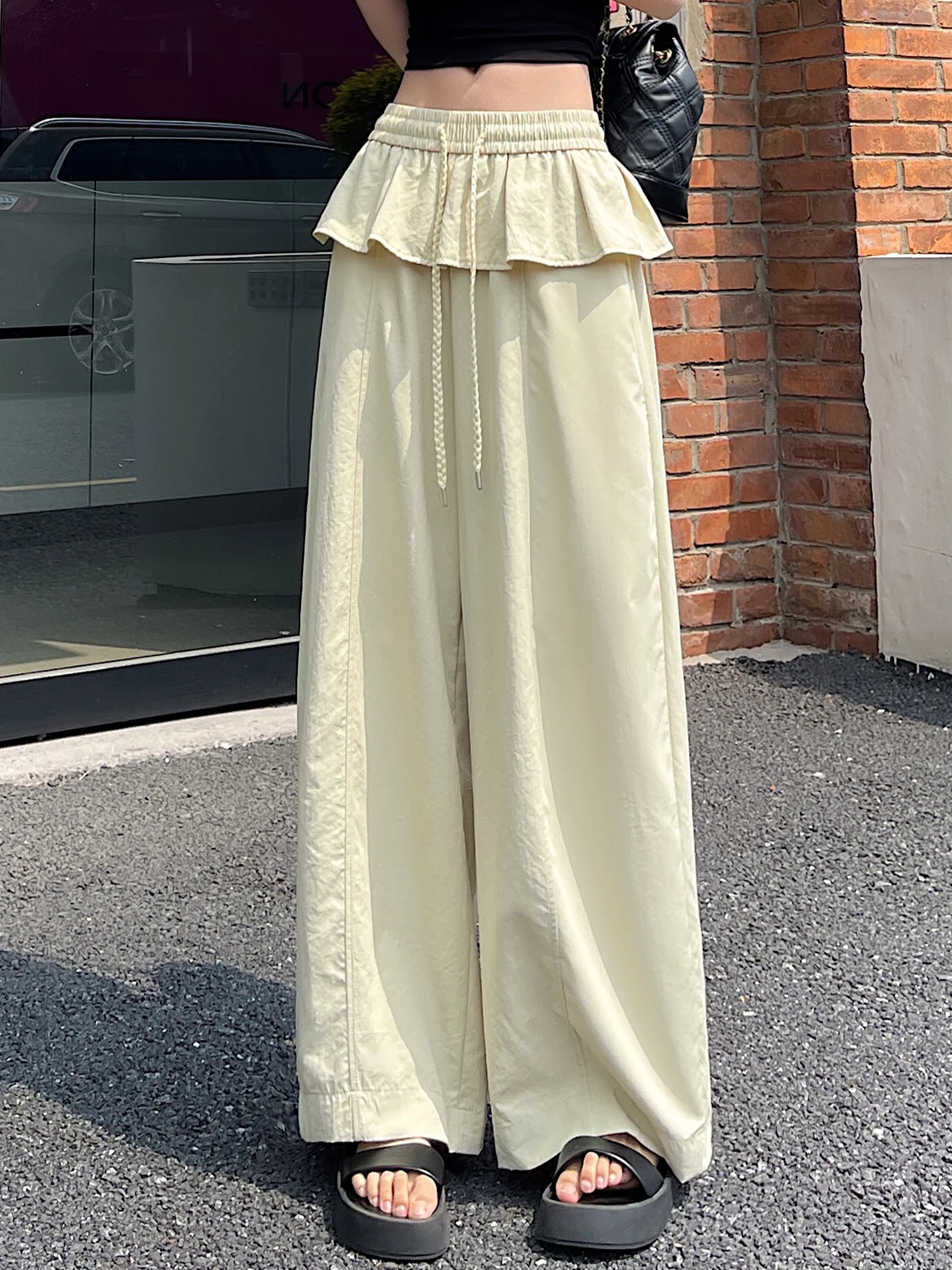 

Шикарные женские летние брюки с широкими штанинами и кружевной отделкой, тонкие, из ледяного шелка, быстросохнущие, спортивные, в стиле Dopaamine Yellow, повседневные