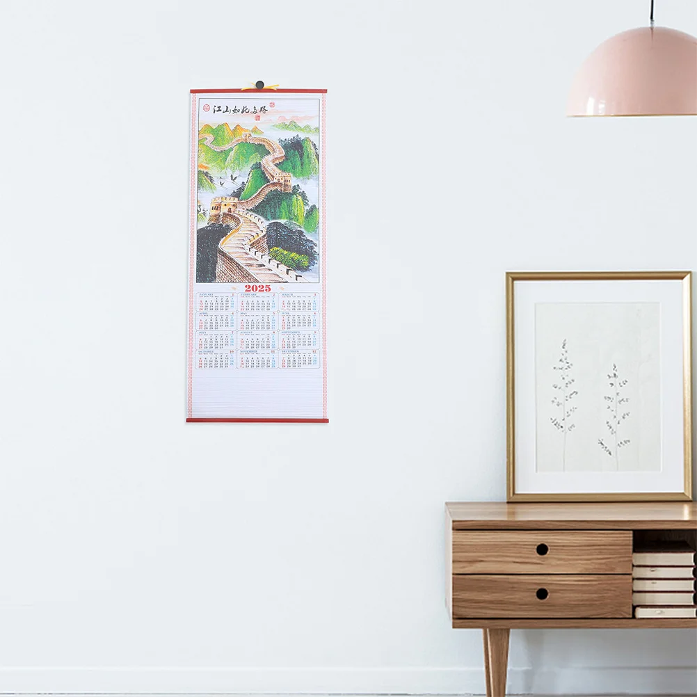 

2Pcs Year of The Snake Calendar 2025 Faux Rattan Hanging Scroll Traditional Chinese Lunar Wall Calendar for Home Office