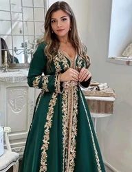 Caftan Marocain Dark Green V-neck Formal Prom Dress Arabic Muslim Long Sleeves Gold Embroidery Satin Evening Gown Customized