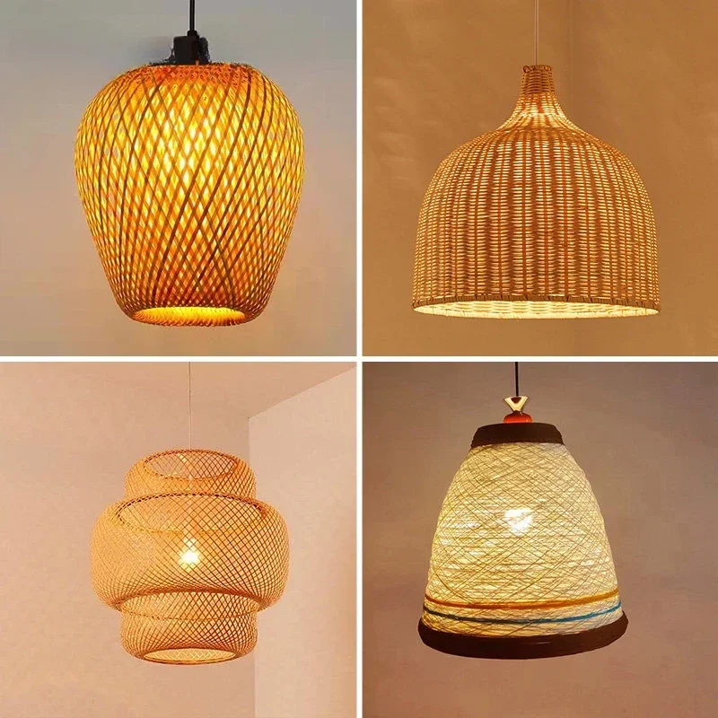 Classical Bamboo Weaving Chandelier Lamp Handmade Pendant Light Hanging LED Ceiling Fixtures Rattan Woven Home Bedroom Decors