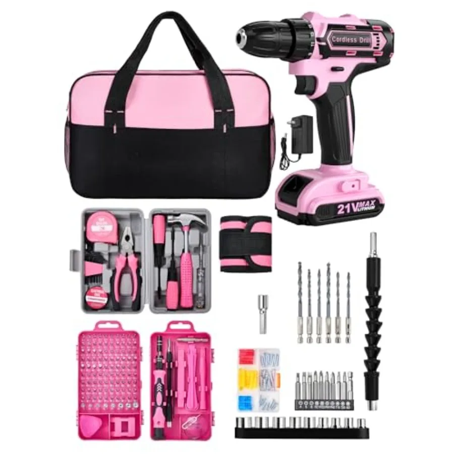 

Pink Cordless Drill Set 215 Pcs 21V Pink Power Drill Tool Set Kit with Storage Bag Electric Drill Set for Women Precision Screw