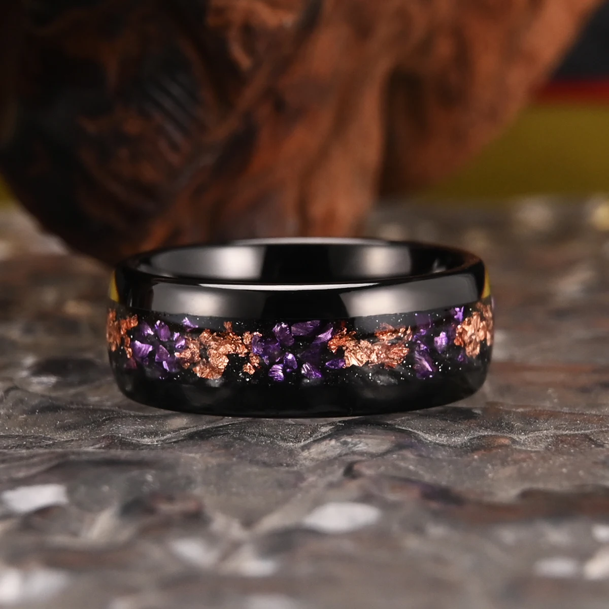 8mm/4mm Amethyst Tungsten rose Golden Leaf Ring, Wedding Rings for Men and Women, Comfortable for Everyday Wedding Gift