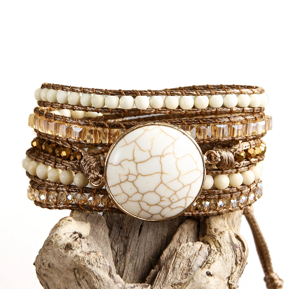 New Bohemian retro style women's wrap bracelet, natural stone and glass beads hand-woven waxed cord bracelet