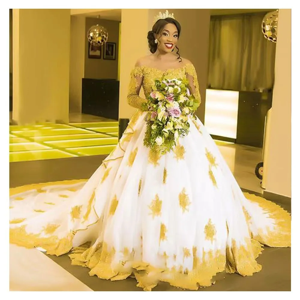 

Gold Vintage Wedding Dress Bride Tulle Applique Beaded Suknia Slubna Ball Gown Church African Vestido De Noiva Long Sleeves