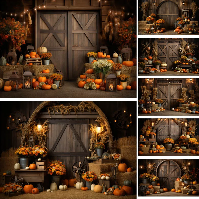 

Mocsicka Autumn Pumpkins Photography Backdrop Straw Stacks Flowers Children Portraits Decoration Backgrounds Photo Booth Banners