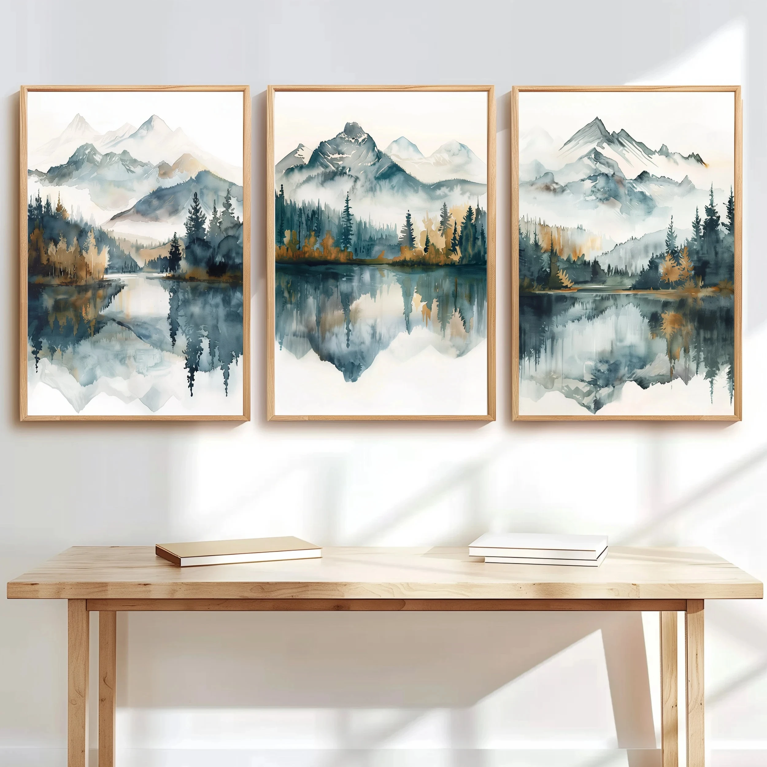 3PCS frameless decorative art print,Watercolor Mountain Lake Wall Art Set, Teal Blue Gold Forest Landscape Canvas Prints, Min
