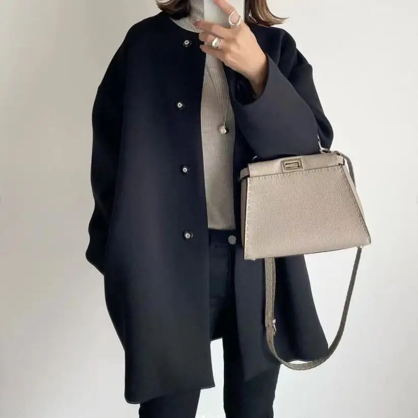 Wool Women Blends Coats Mid Length Coat Straight Round Neck Full Sleeve Streetwear Elegant Jackets Single Breasted Autumn