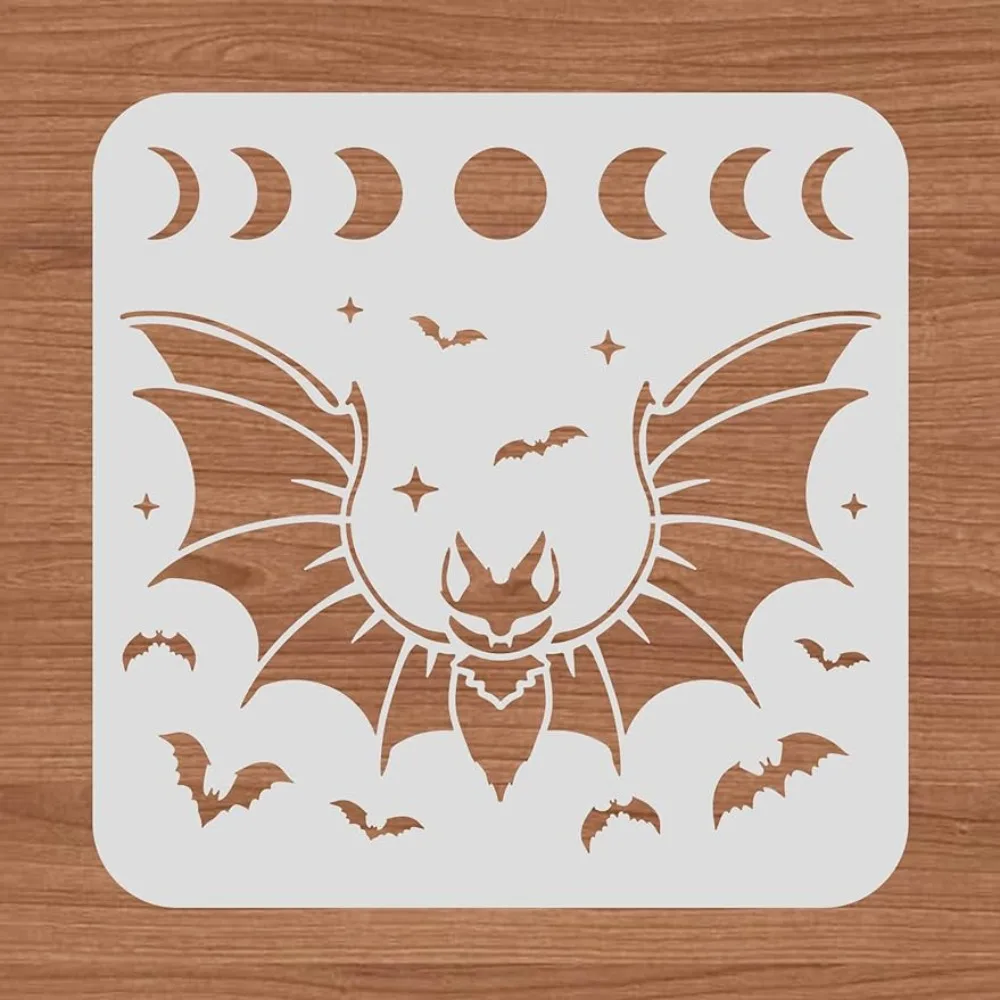 12x12inch Bat Plastic Cutouts Painting Template, Moon Phase Pattern Halloween Decoration Stencils for Art Spraying, DIY Mould