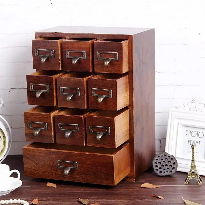 Solid Wood Small Chinese Medicine Small Curio Cabinet l Vintage Retro Look Tea Storage Organizer Apothecary Drawer Dresser