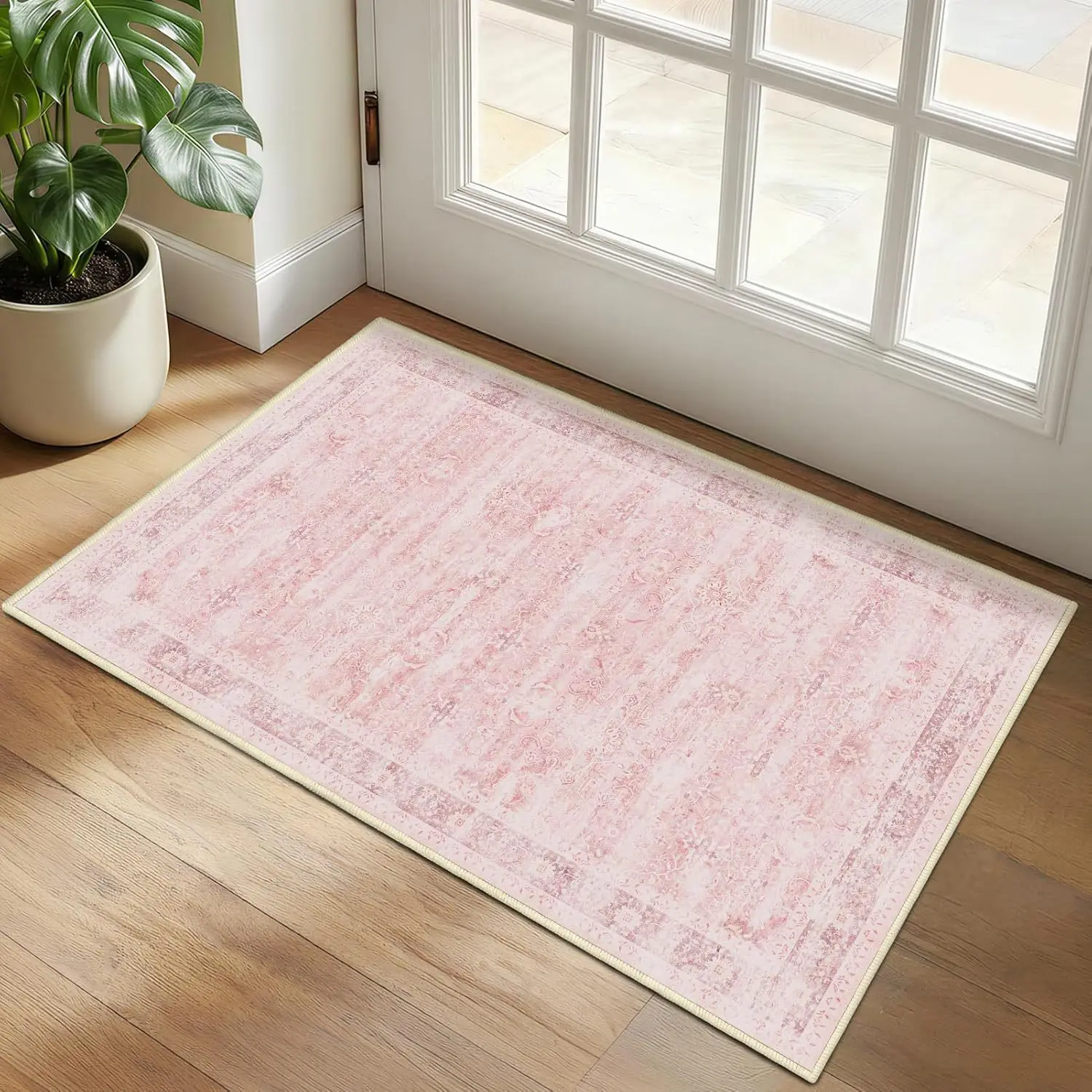 VIKAMA Vintage Distressed Oriental Floral Rug, Non‑Slip Washable Stain Resistant Gray Boho Indoor Entryway Floor Mat