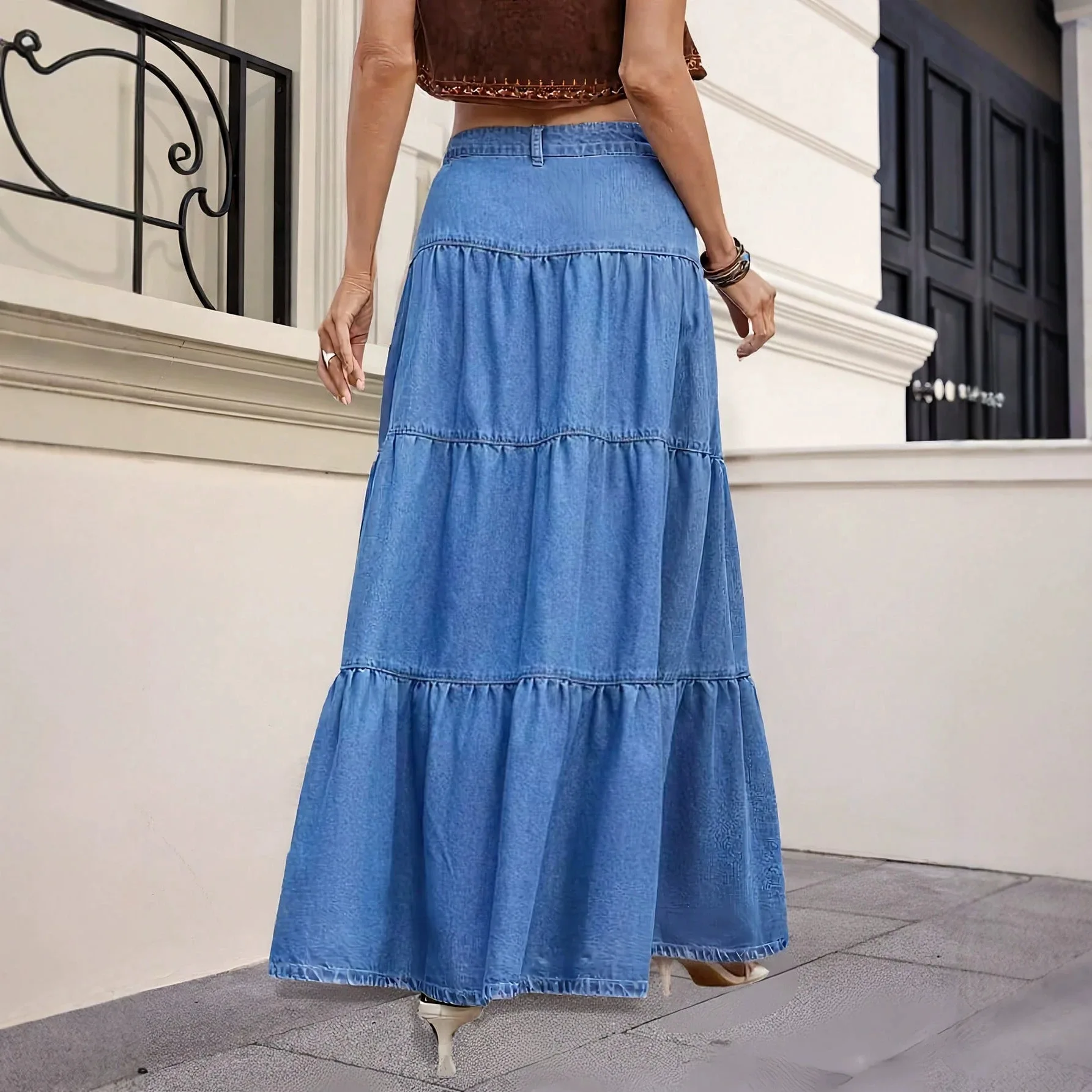 Maxi Skirts Boho Style Cotton Women's Skirt Femme High Waist Denim Skirts Mujer Vacation Bottoms A-line Layered Skirt Streetwear view 2