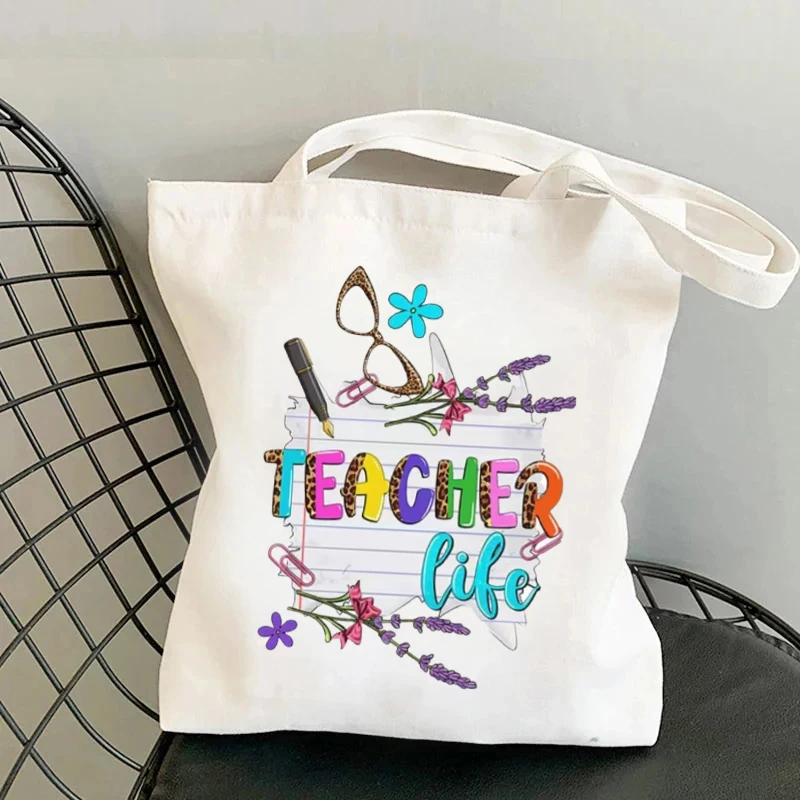 Teacher School Print Canvas Tote Bag Organizer Reusable Shopping Supermarket Bag Travel Large Capacity Storage Shoulder Bag Gift