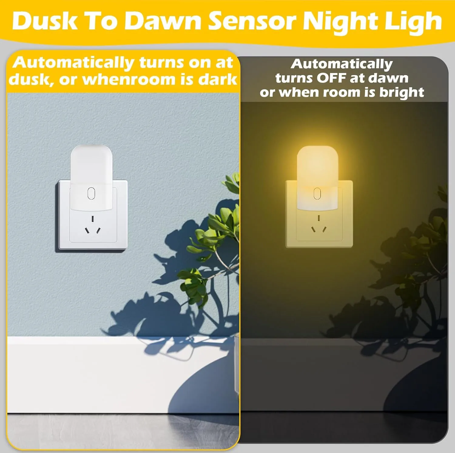 2pcs Night Light Socket with Twilight Sensor 3 Stage Dimmable 2700K Warm White Night Light for Bedroom Stairs Kitchen
