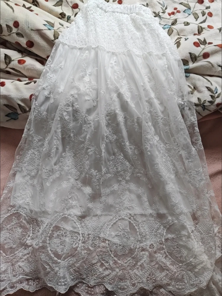 

Spring and Autumn new mid-length A-line skirt white lace skirt women's high waist slim big swing skirt umbrella skirt