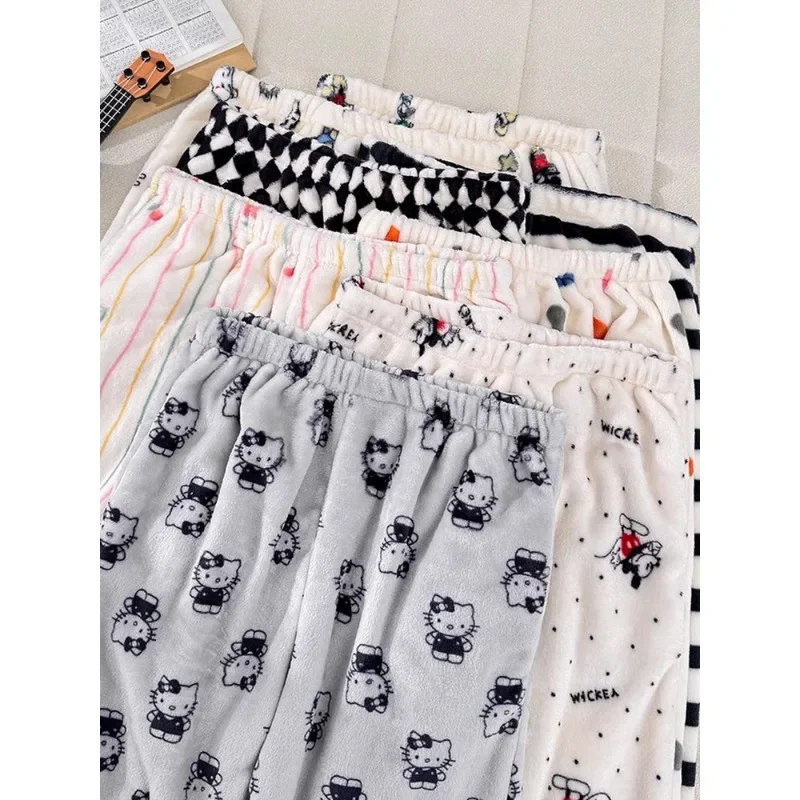 Soft Hello Kitty Kawaii Plush Pajamas Pants Fashion Women Autumn Winter Thickened Coral Velvet Plus Size Flannel Home Trousers