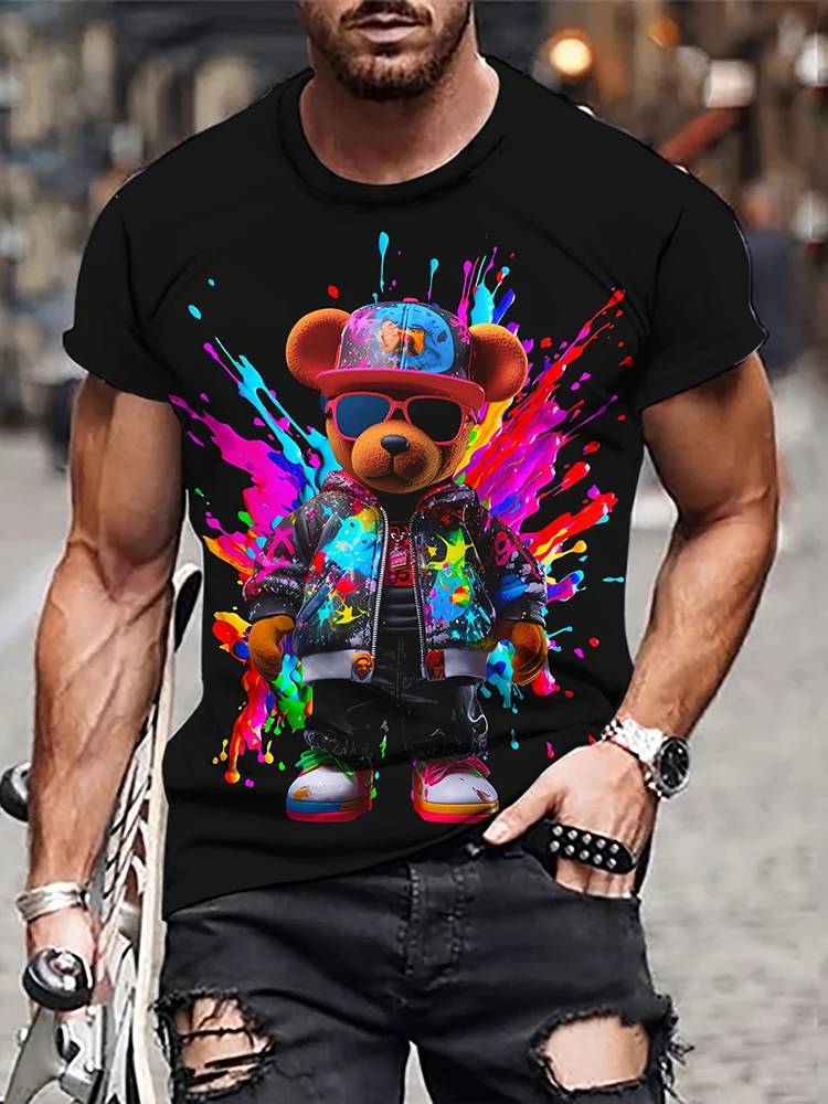 Hip-hop Style Cartoon Bear Print Men\'s T-shirt Summer Casual Everyday Top Urban Street Fashion Men\'s Oversized Short Sleeve Tees