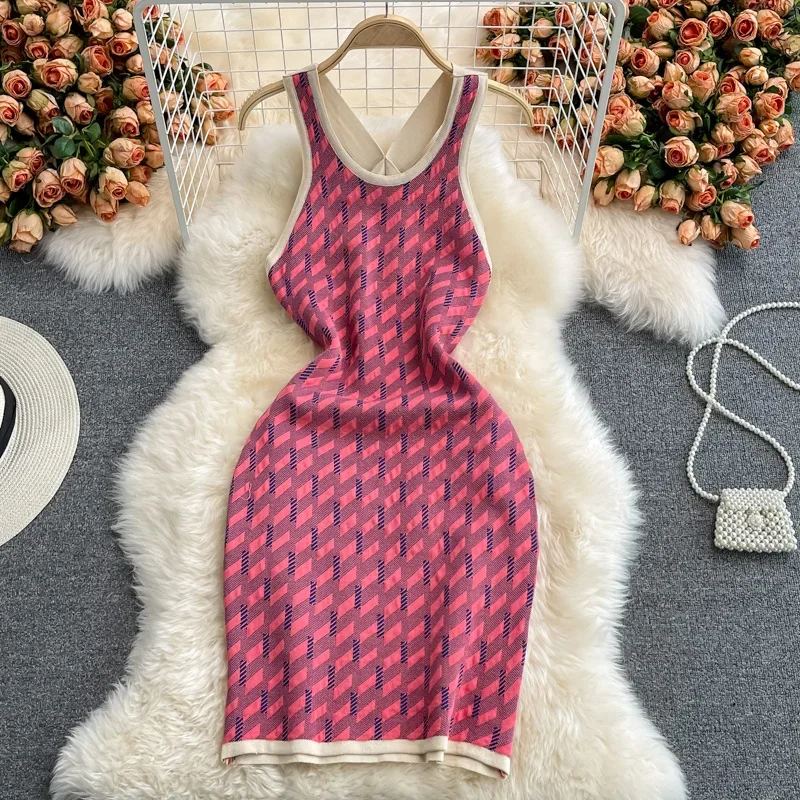 Dzianinowa obcisła sukienka damska lato bez rękawów wzór geometryczny w kratkę Backless wąska koszulka Mini sukienka casualowe w stylu Streetwear