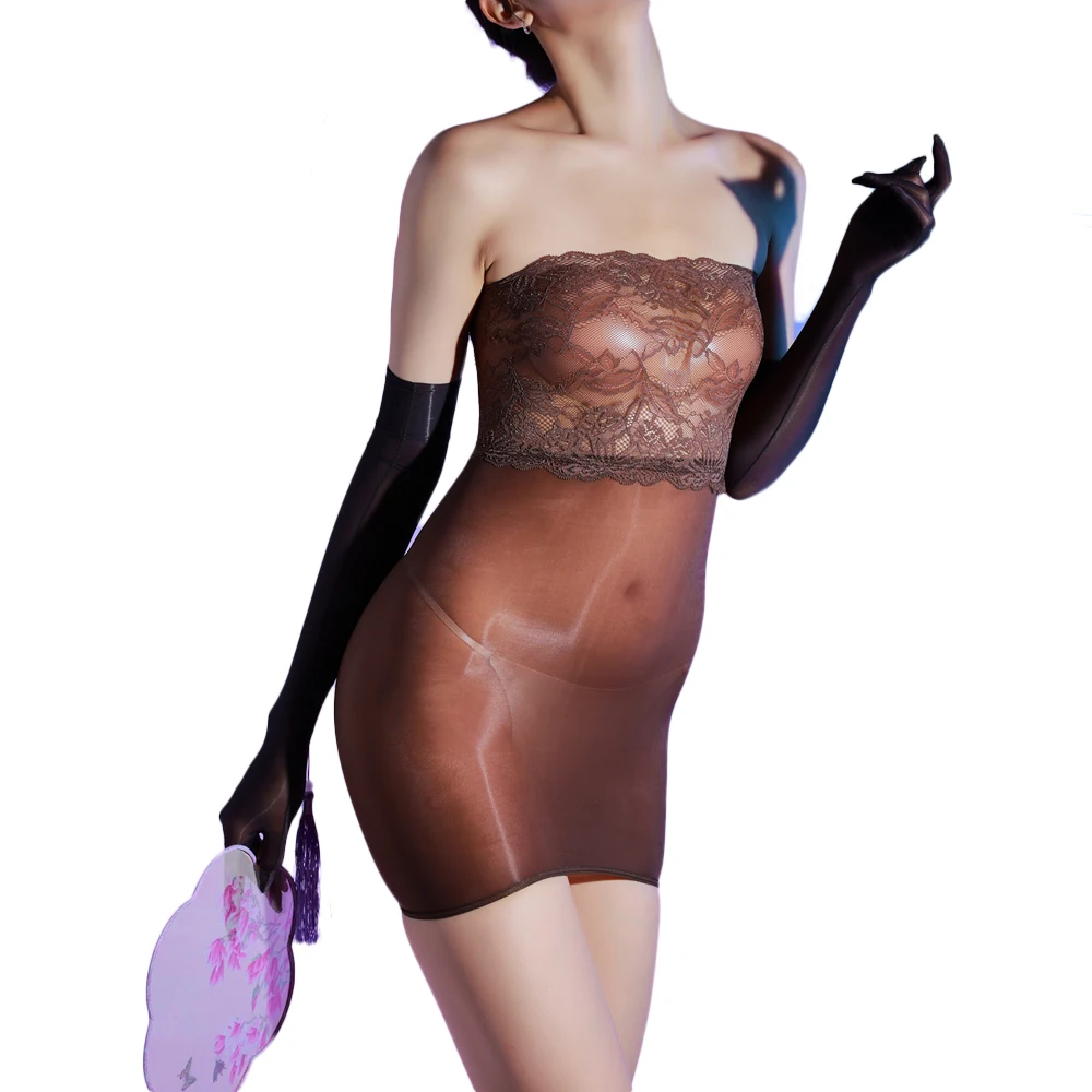 Sexy Frauen 5D Rohr Micro Mini Kleid Elastische, Figurbetontes Kleid Patchwork Öl Glänzend Glänzend Sheer Durchsichtig Cosplay Maid Kleid