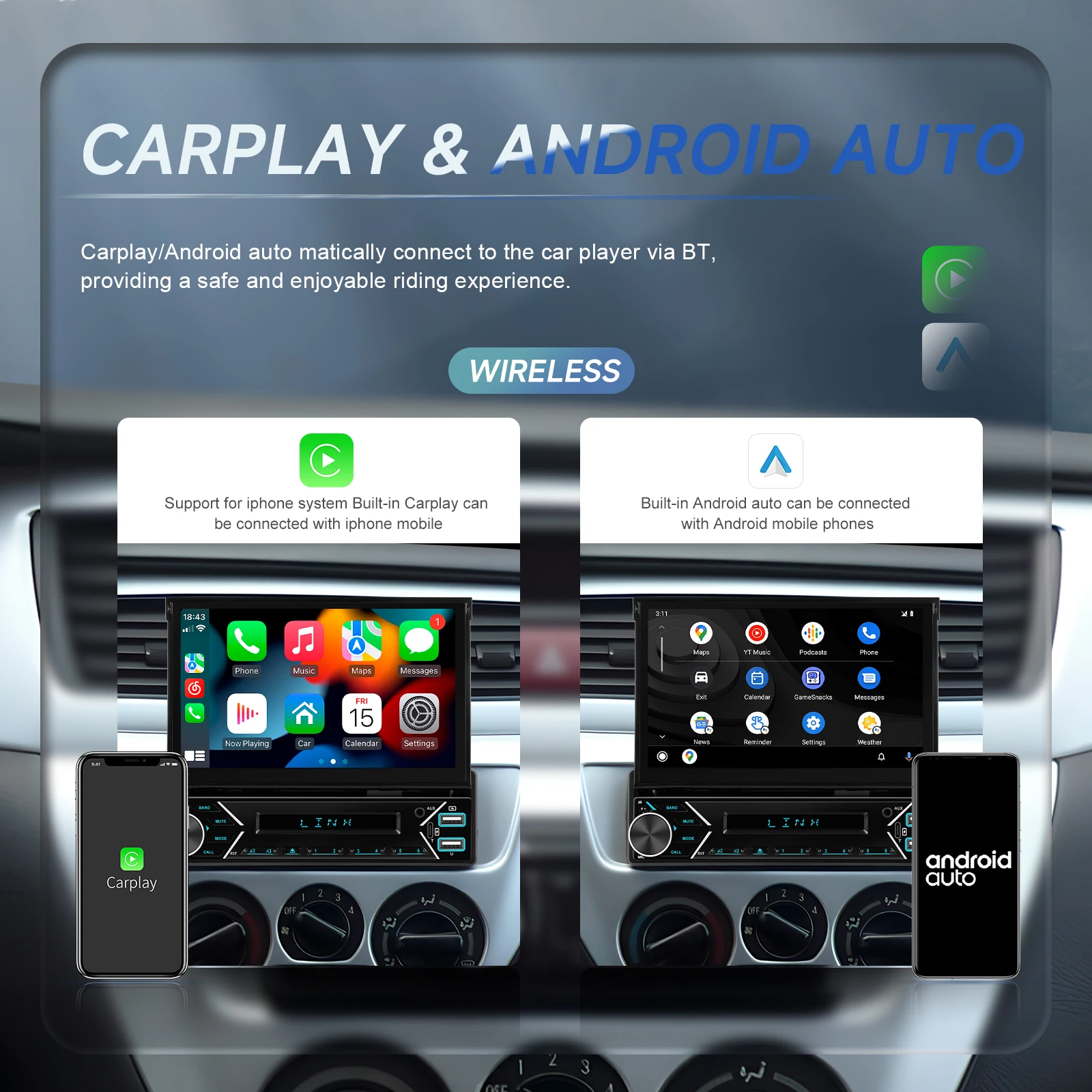 Podofo 1din 7inch Car MP5 Stereo Radio Electric Retractable Screen Wireless Carplay Android auto Bluetooth DAB FM Player