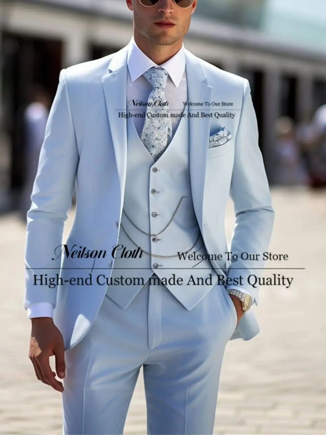 

Business Sky Blue Male Prom Blazers 3 Pieces Sets Notched Lapel Groom Wedding Tuxedos For Men Slim Fit Groomsmen Costume Homme