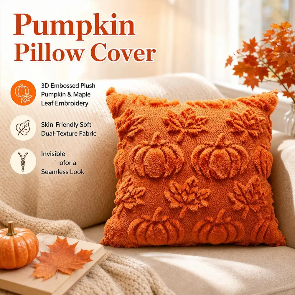 Halloween Pumpkin Throw Pillow Cover Tufted Plush Cushion Case Orange Maple Leaf Fall Thanksgiving Harvest Sofa Decor Bed